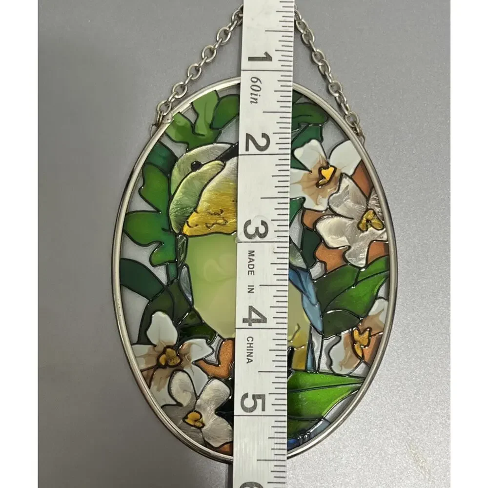 Stain Glass Sun Catcher Hand Painted Hummingbird Bird Floral Oval 4.5”